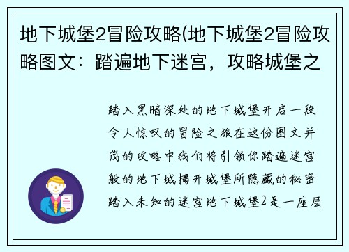 地下城堡2冒险攻略(地下城堡2冒险攻略图文：踏遍地下迷宫，攻略城堡之谜)